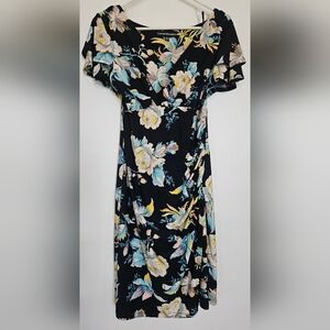 NWNT Catherine Malandrino Black Floral Midi Dress Short Flary Sleeves
